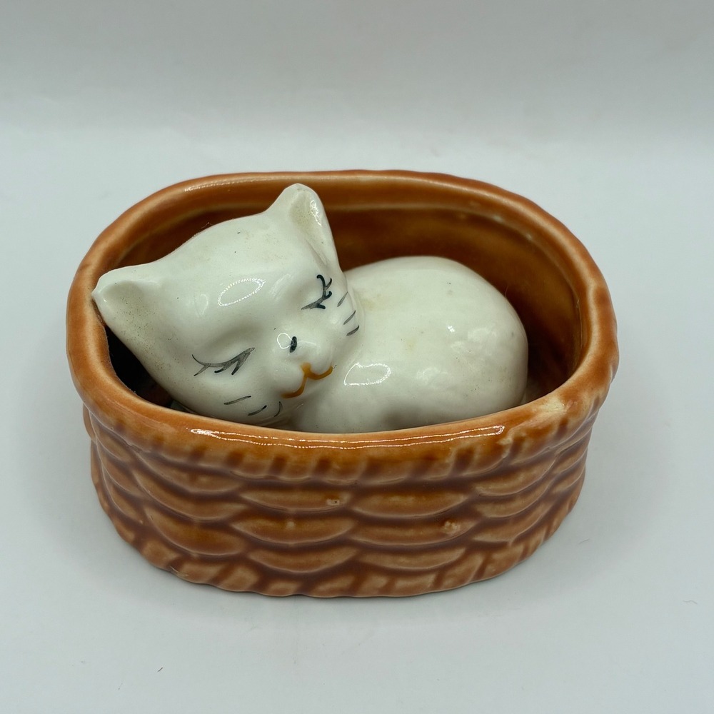 Vintage 1983 Ceramic Sleeping White Cat in Basket Figurine Hand Painted Glossy